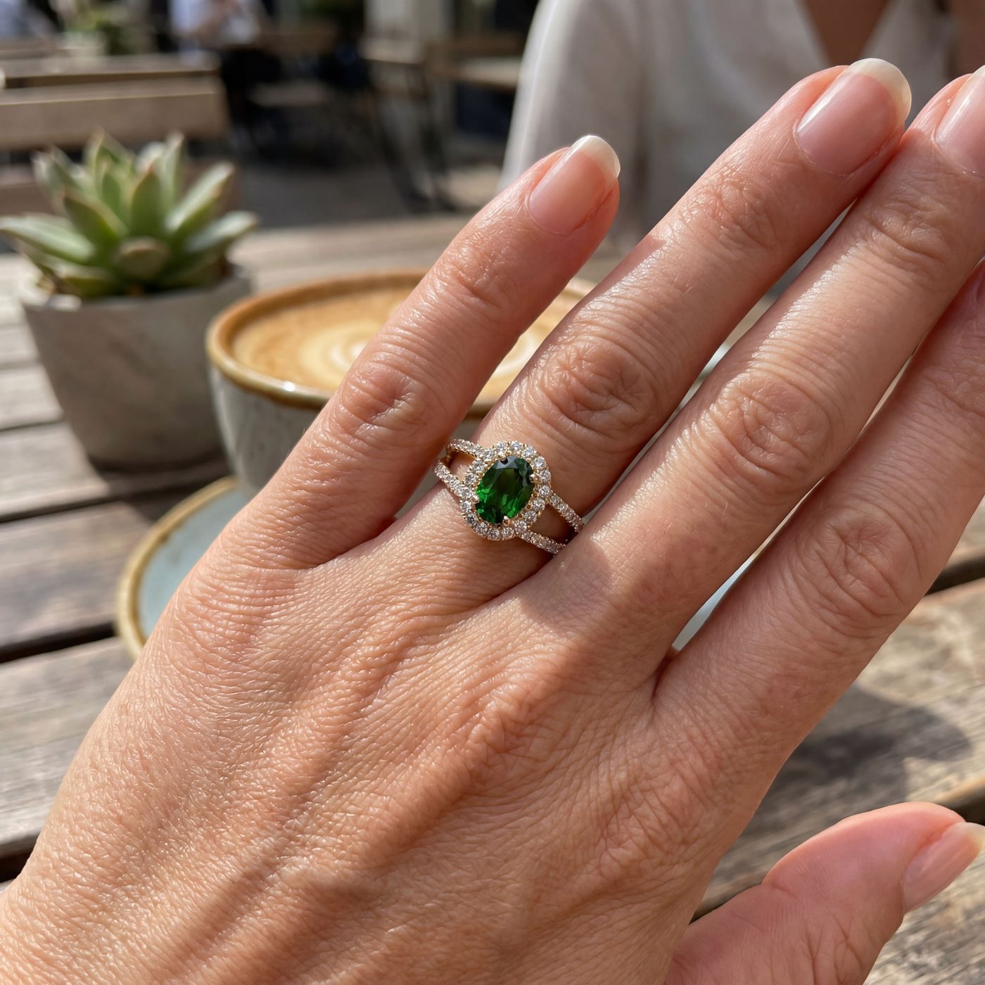 The same ring shown on a model hand in a lifestyle setting, generated by Aurix