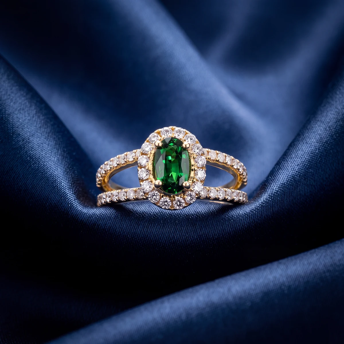 Studio-grade AI jewelry photo of the same Oval tsavorite halo ring, generated by Aurix