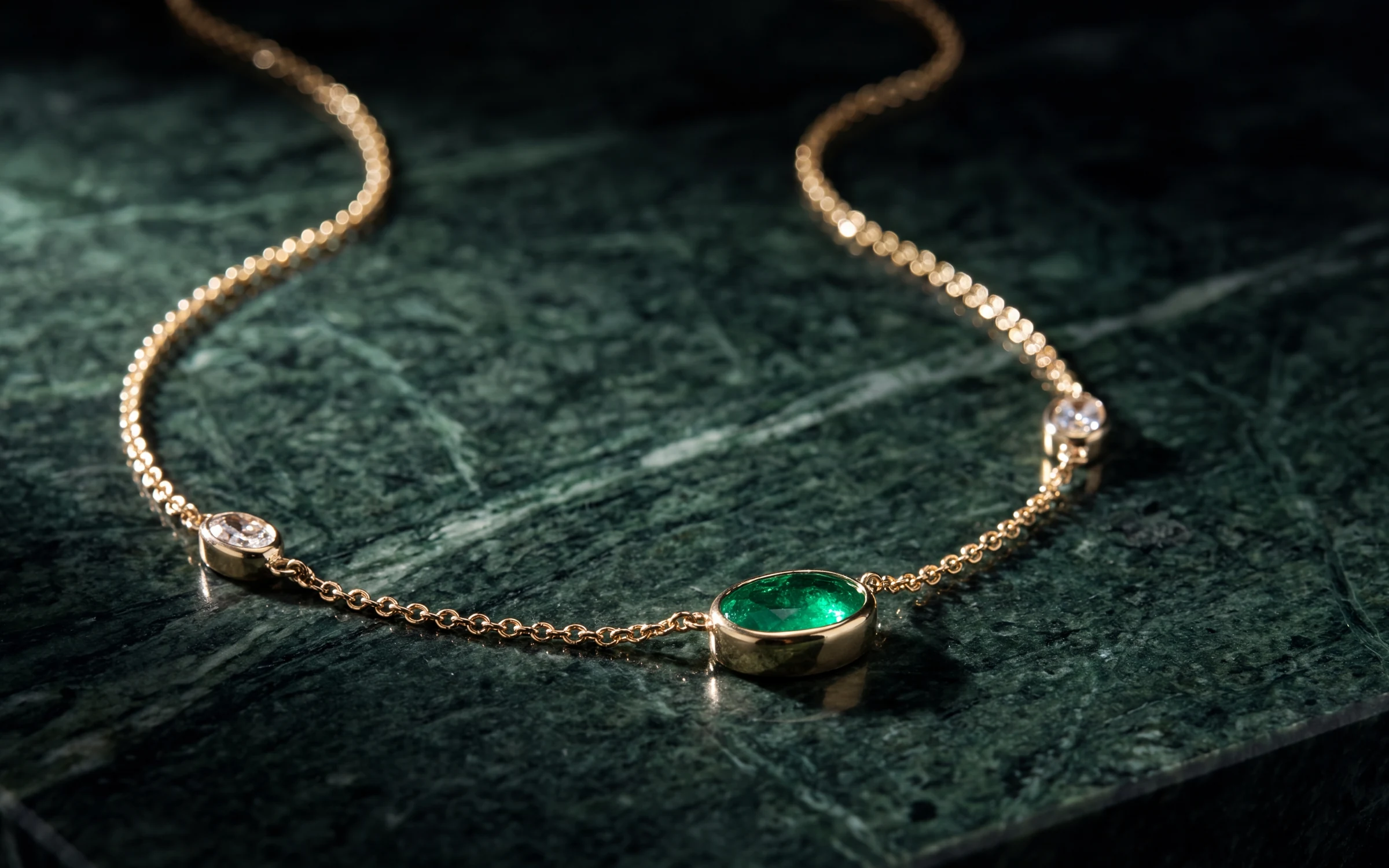 18K yellow gold oval emerald bezel necklace with diamond stations on green marble, made with Aurix