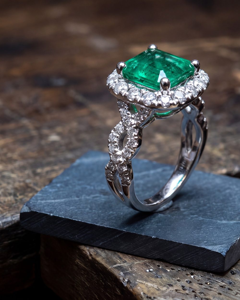 An emerald halo ring on slate at a jeweler's bench, made with Aurix