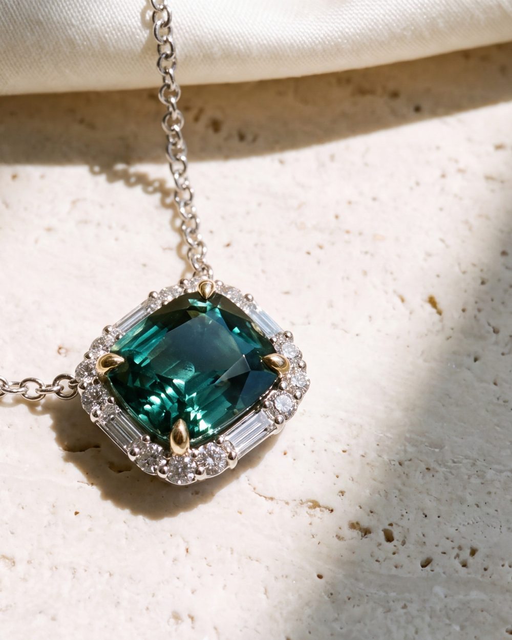 A green sapphire halo pendant on travertine in hard sun, made with Aurix